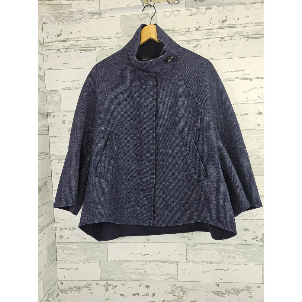 Zara Woman Navy Blue Wool Blend Cape Jacket Funnel Neck Hand Made Size S